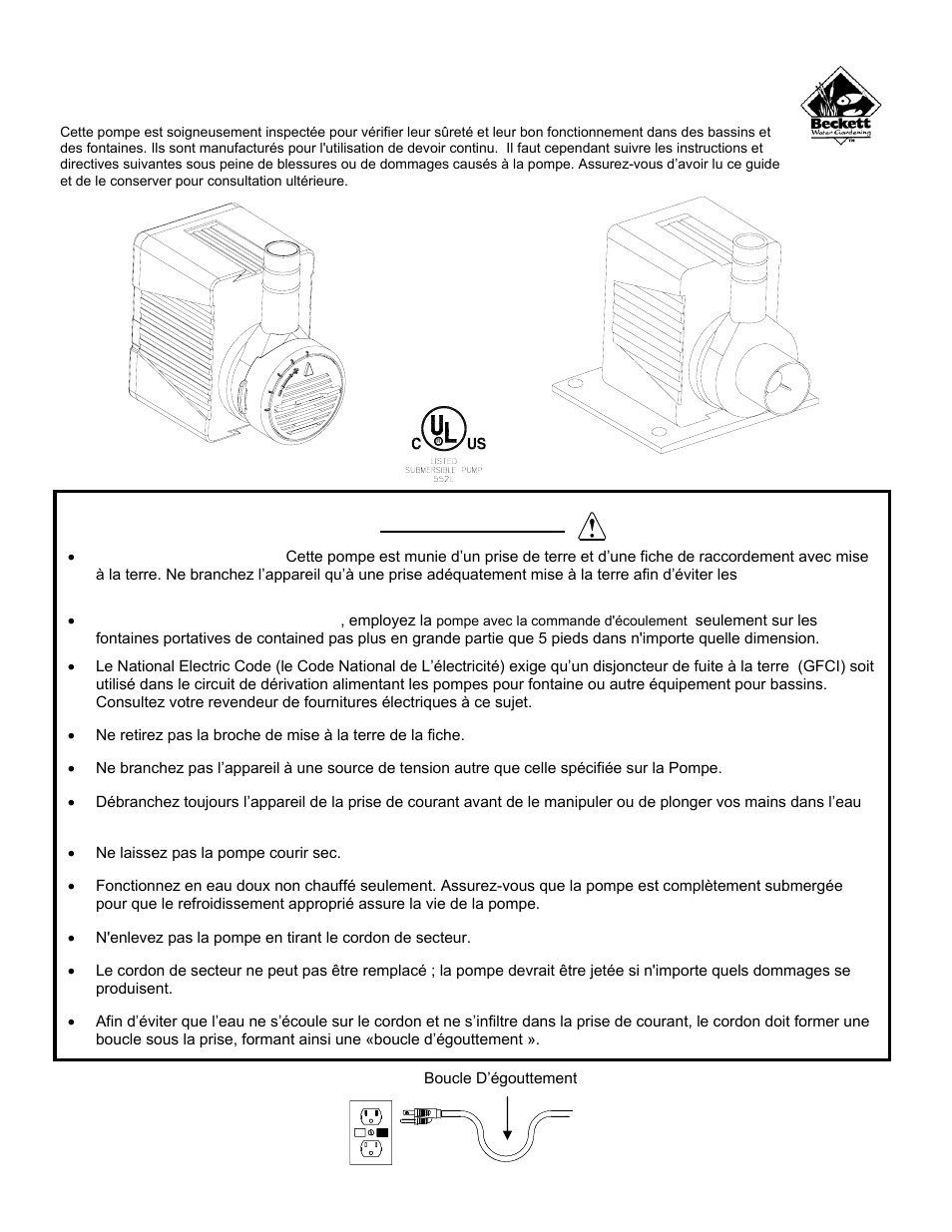 Guide d’utilisation de la pompe submersible, Avertissement | Beckett Water Gardening Submersible Pump M400A User Manual | Page 5 / 8