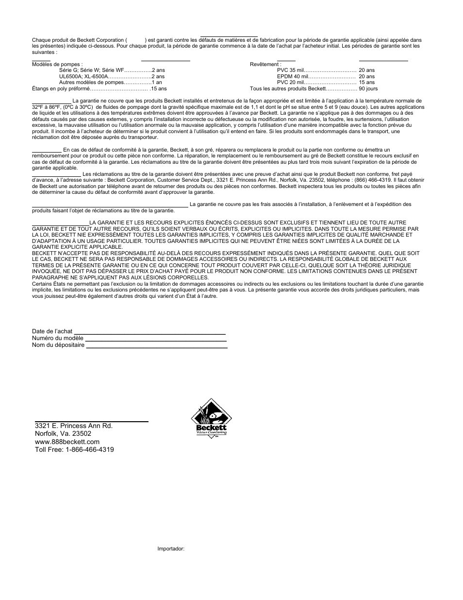 Beckett corporation | Beckett Water Gardening Submersible Pump M400A User Manual | Page 8 / 8