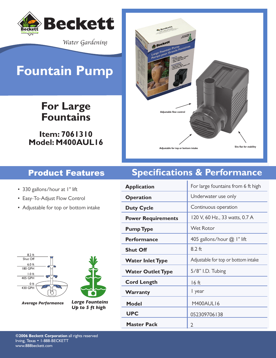 Beckett Water Gardening Fountain Pump M400AUL16 User Manual | 1 page