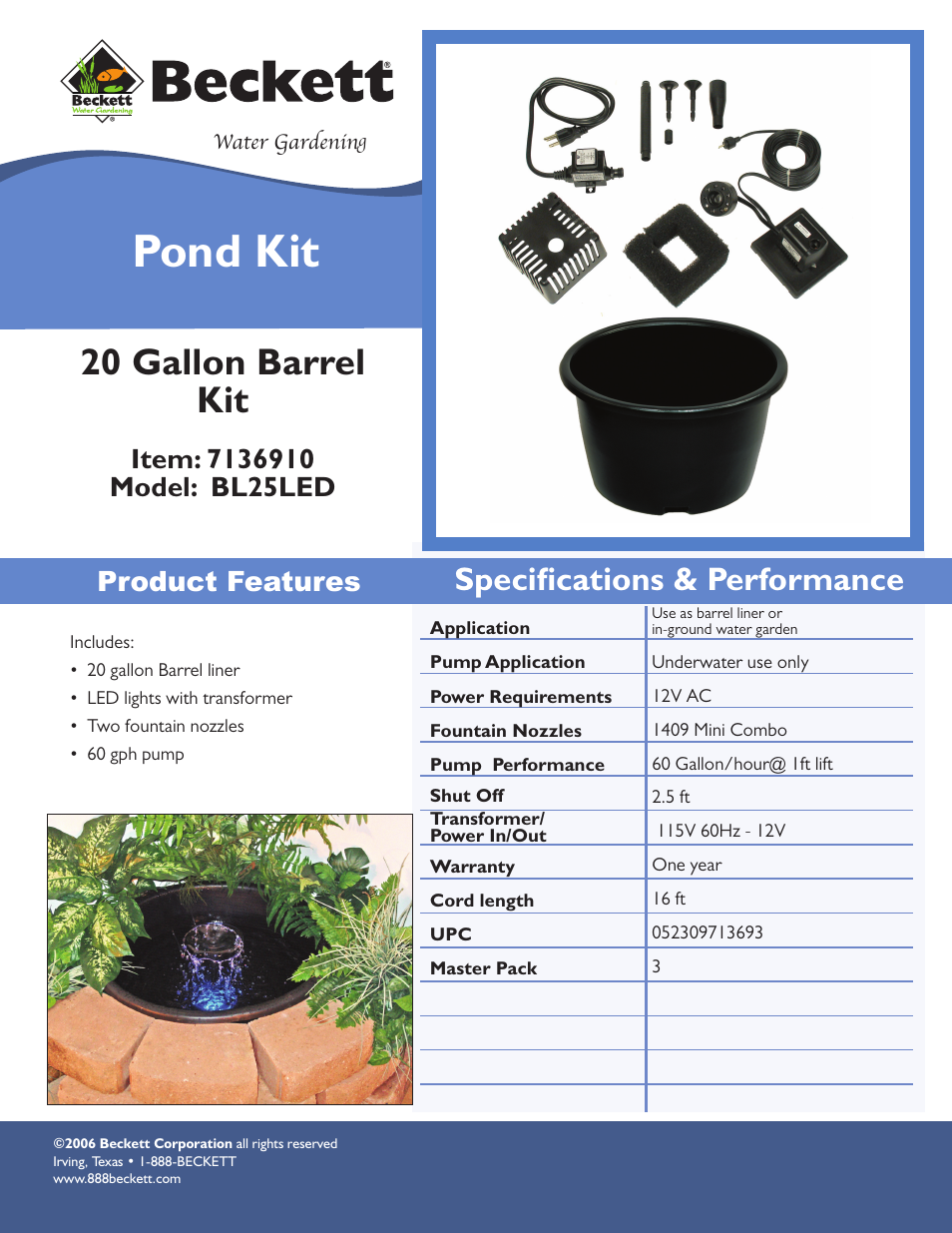 Beckett Water Gardening Pond Kit BL25LED User Manual | 1 page
