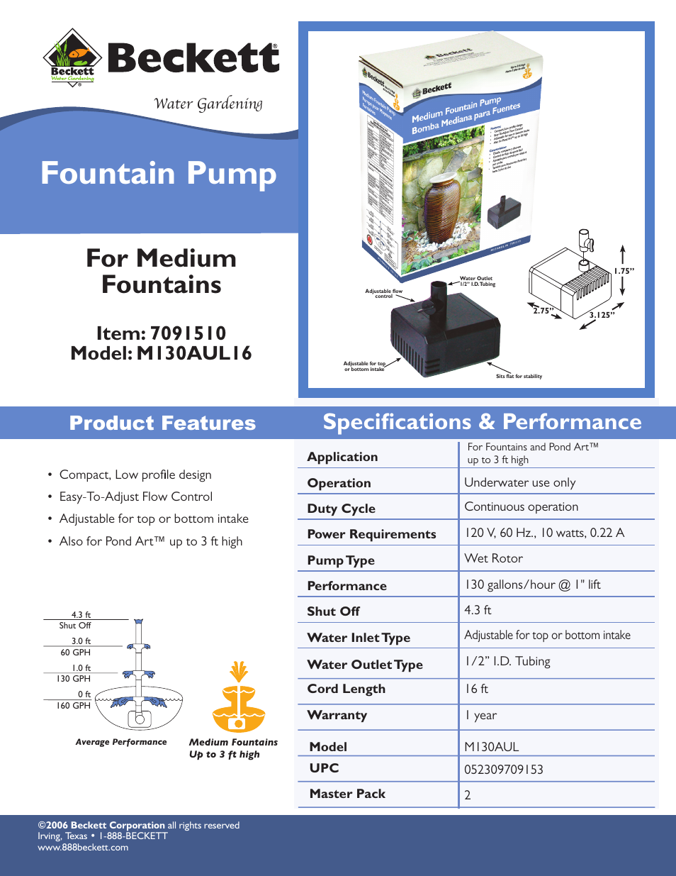 Beckett Water Gardening Fountain Pump M130AUL User Manual | 1 page