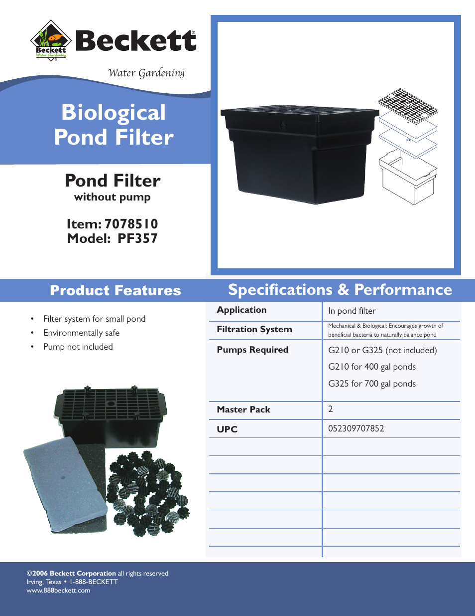 Beckett Water Gardening Biological Pond Filter PF357 User Manual | 1 page