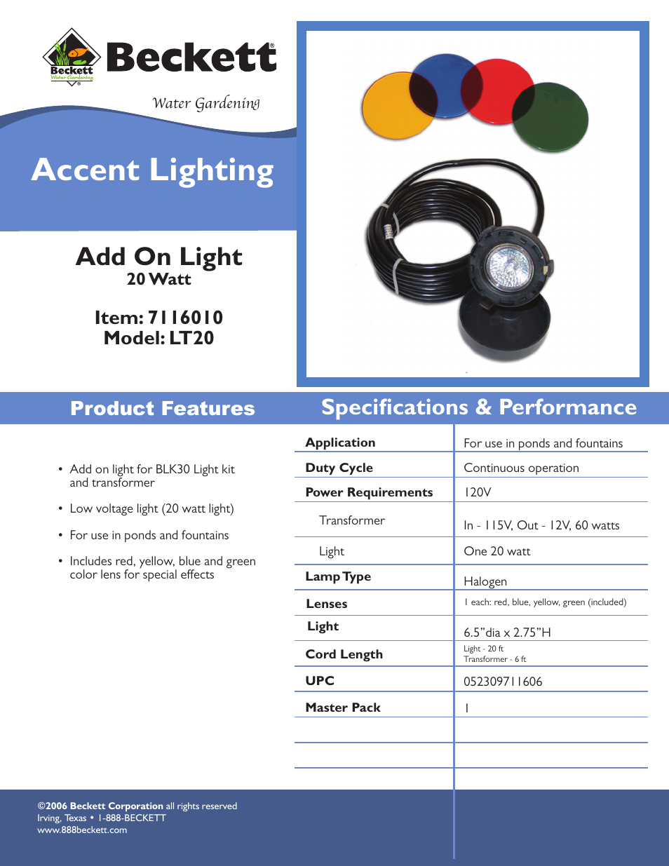 Beckett Water Gardening Accent Lighting LT20 User Manual | 1 page