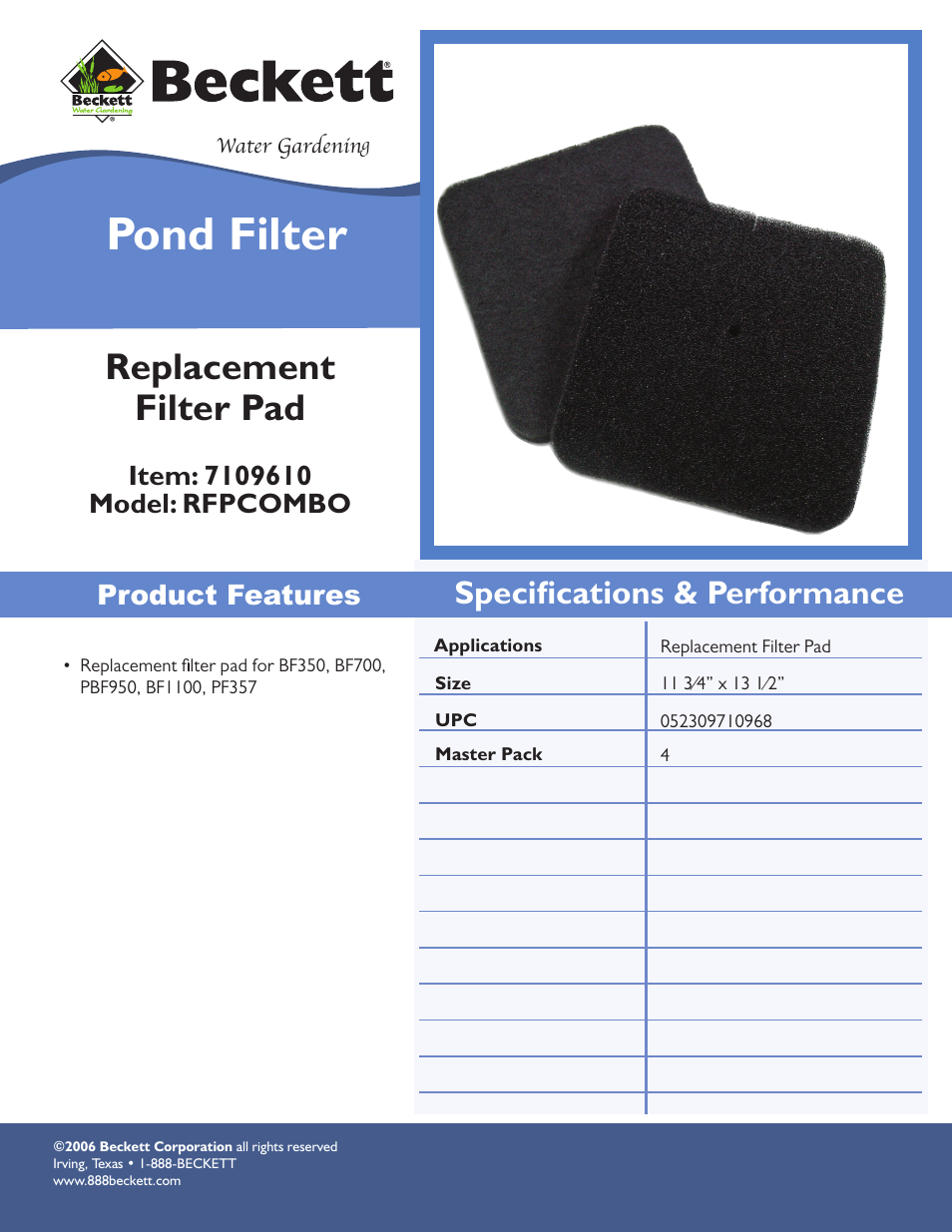 Beckett Water Gardening Pond Filter RFPCOMBO User Manual | 1 page