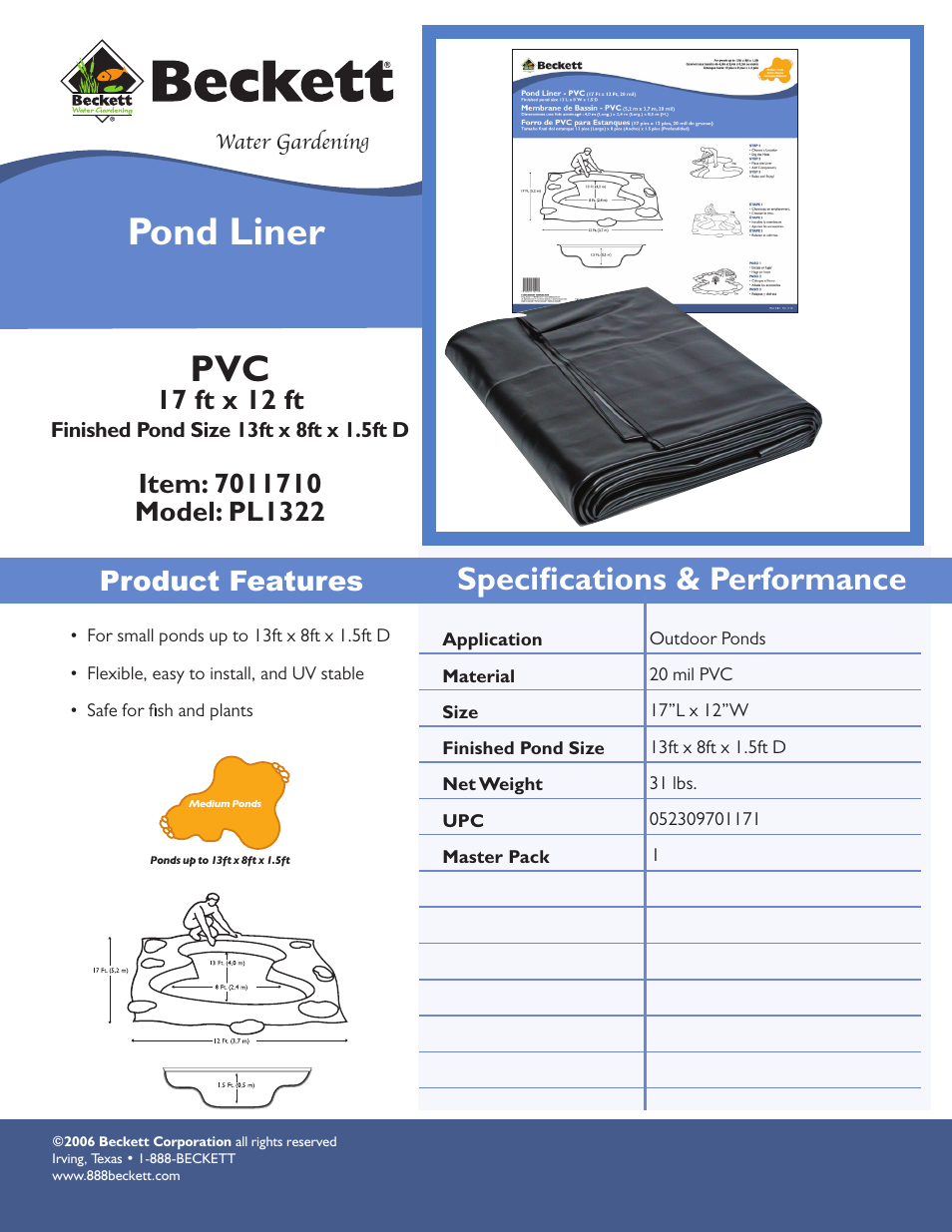 Beckett Water Gardening Pond Liner PL1322 User Manual | 1 page