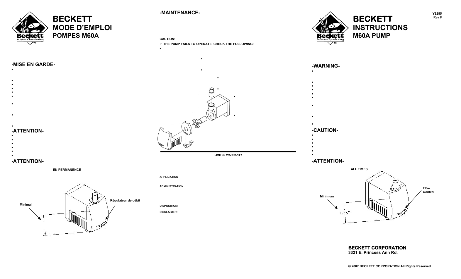 Beckett Water Gardening M60A User Manual | 2 pages
