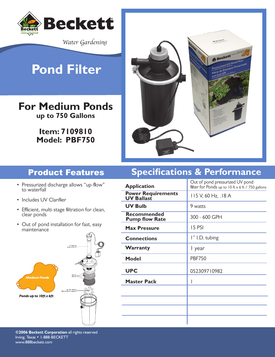 Beckett Water Gardening Pond Filter PBF750 User Manual | 1 page