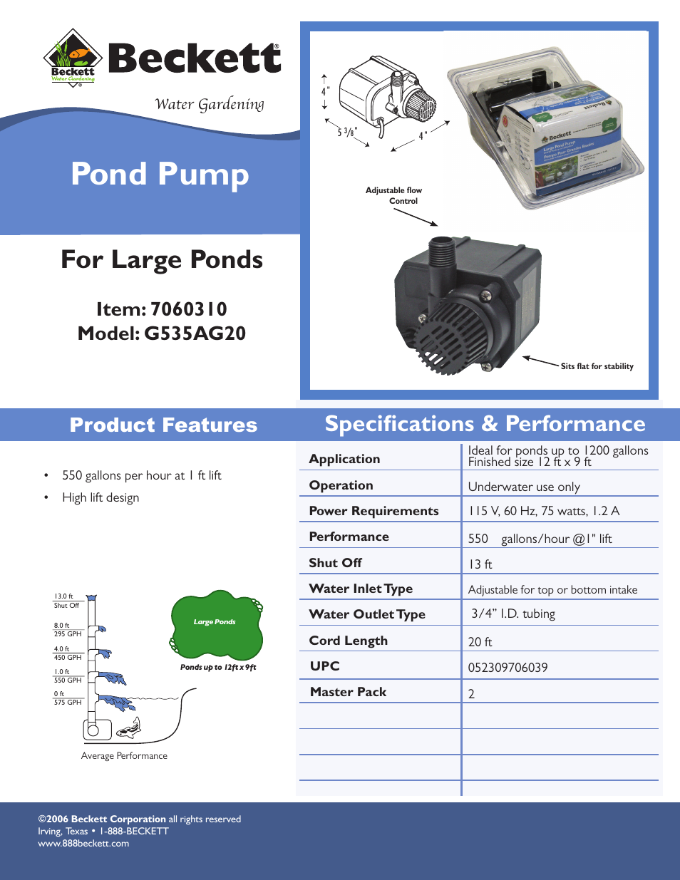 Beckett Water Gardening Pond Pump G535AG20 User Manual | 1 page