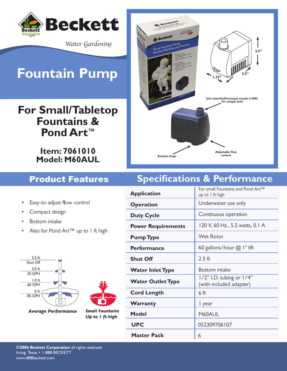 Beckett Water Gardening Fountain Pump M60AUL User Manual | 1 page
