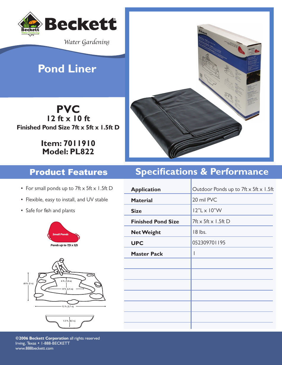Beckett Water Gardening Pond Liner PL822 User Manual | 1 page