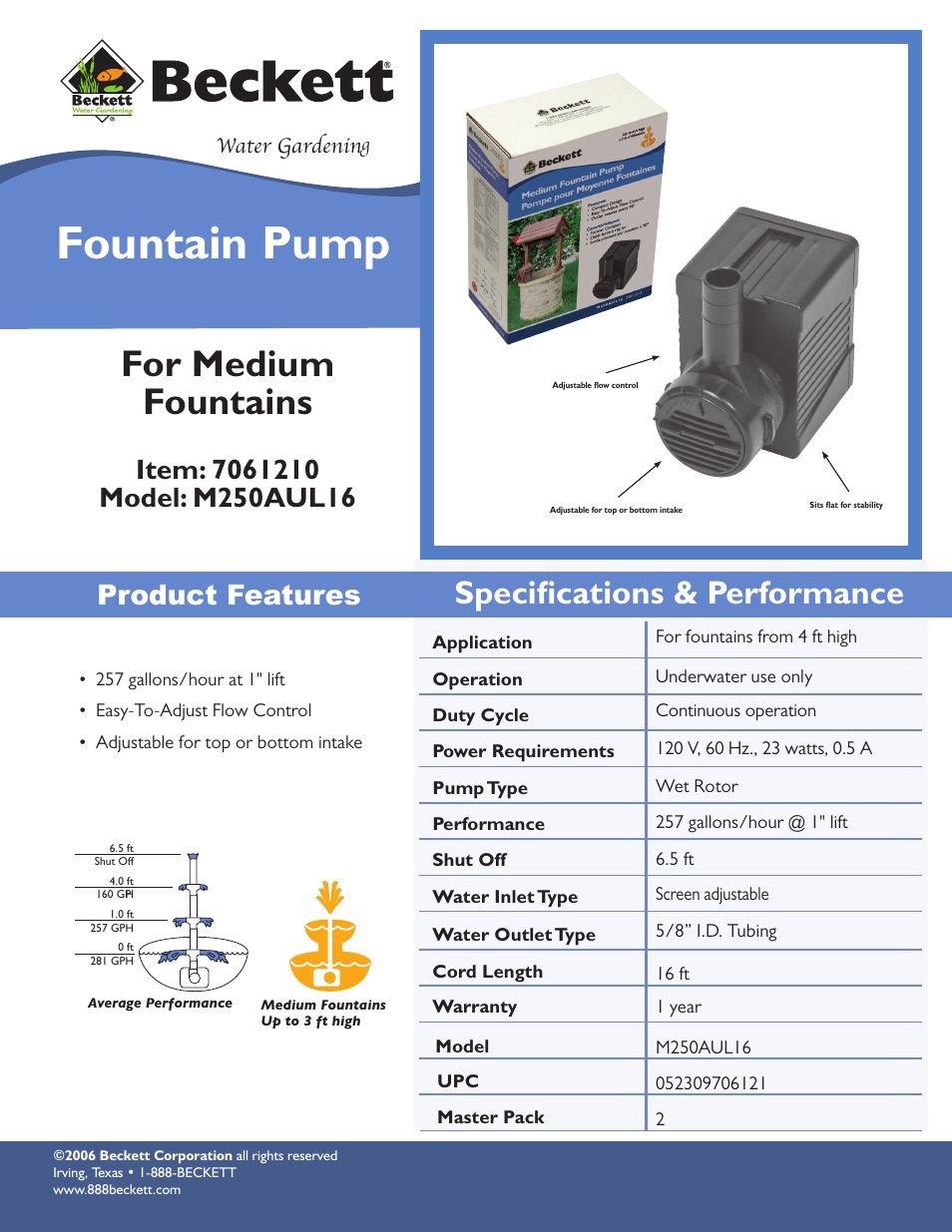 Beckett Water Gardening Fountain Pump M250AUL16 User Manual | 1 page