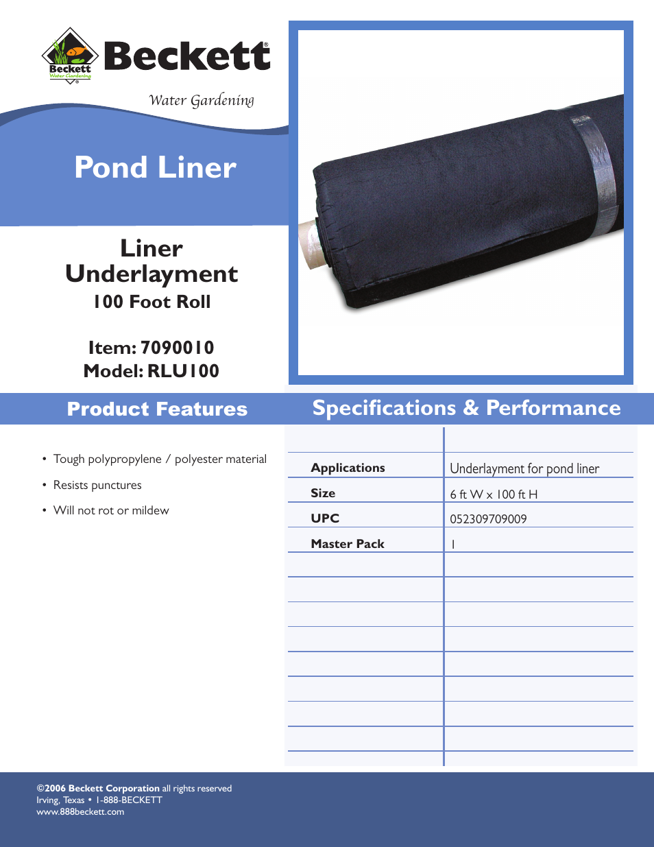 Beckett Water Gardening Pond Liner RLU100 User Manual | 1 page