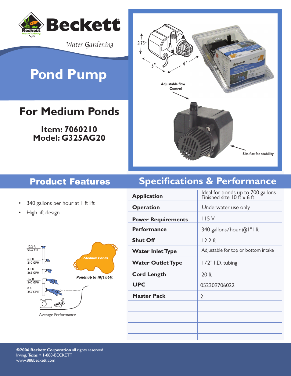 Beckett Water Gardening Pond Pump G325AG20 User Manual | 1 page