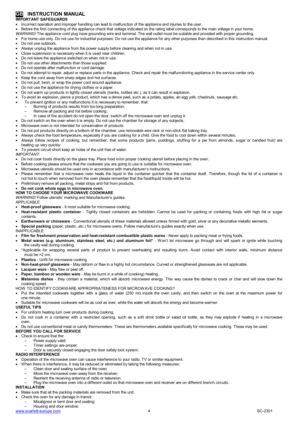 Gb instruction manual | Scarlett SC-2301 User Manual | Page 4 / 46