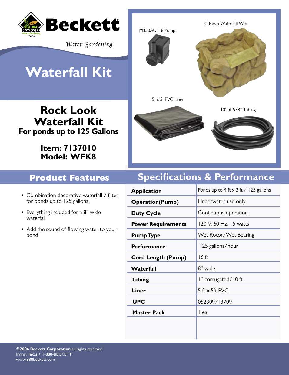 Beckett Water Gardening Waterfall Kit WFK8 User Manual | 1 page