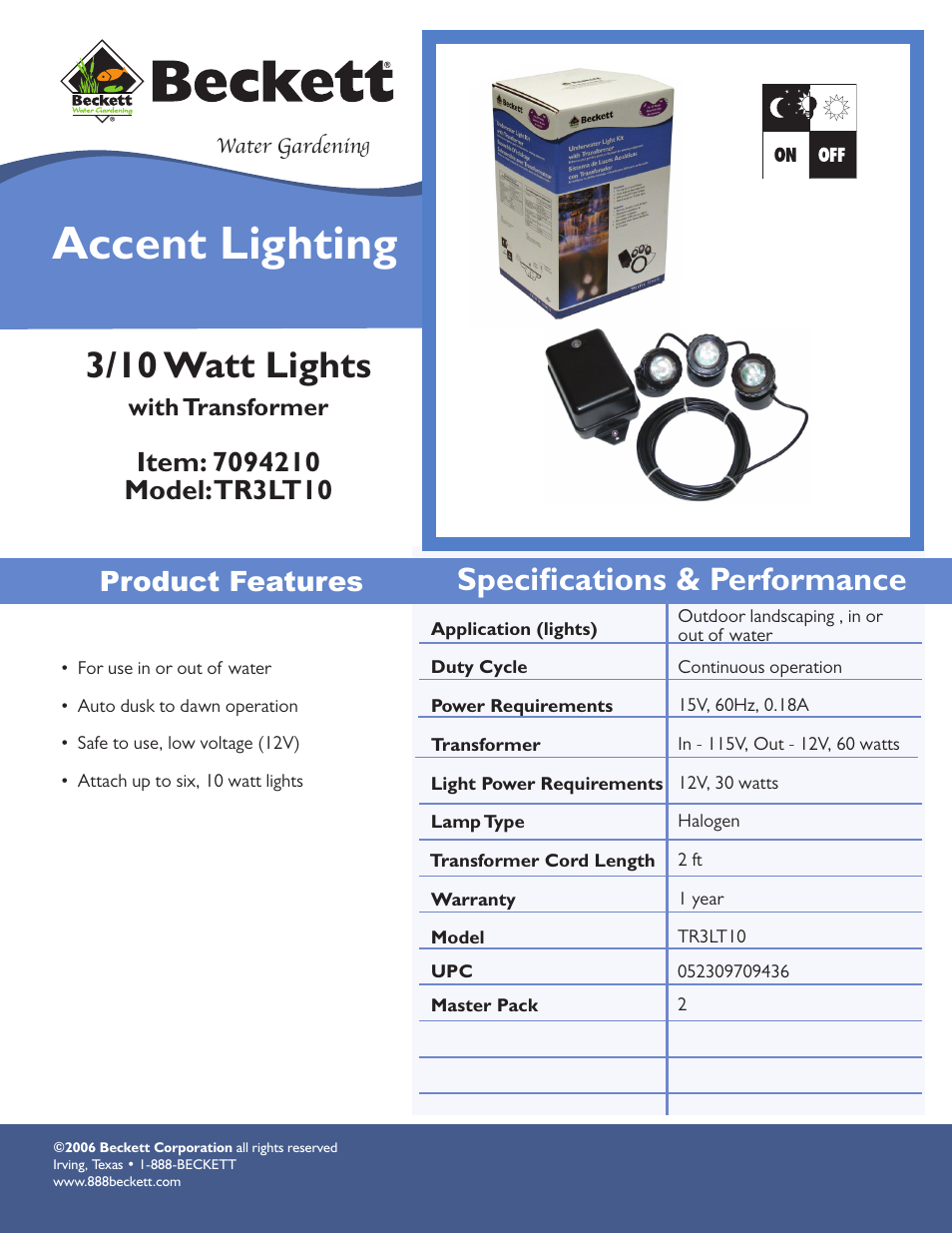 Beckett Water Gardening Accent Lighting TR3LT10 User Manual | 1 page