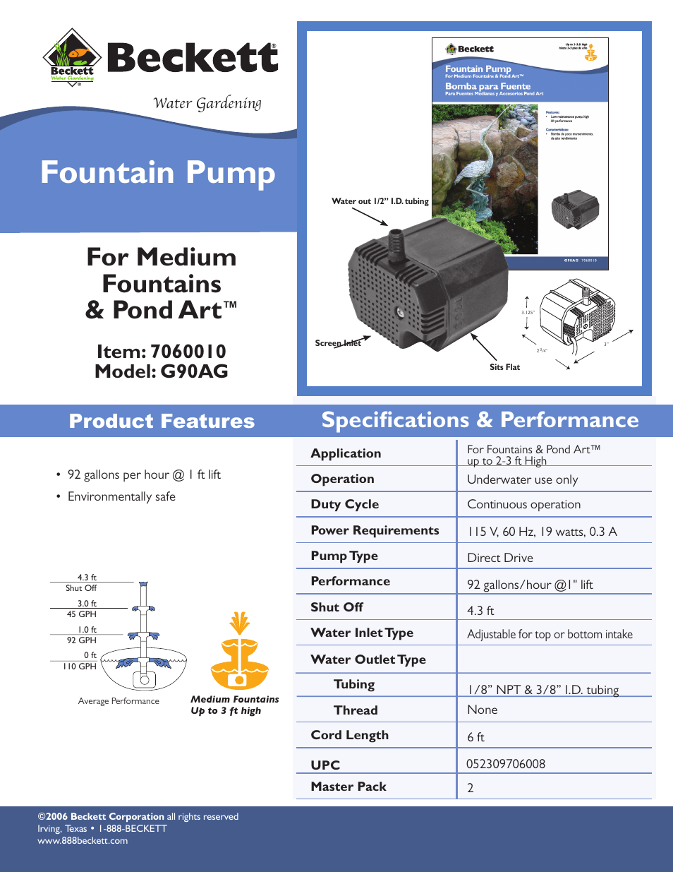 Beckett Water Gardening Fountain Pump G90AG User Manual | 1 page