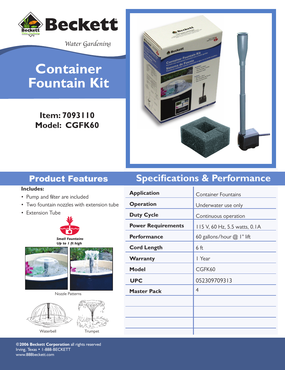 Beckett Water Gardening Container Fountain Kit CGFK60 User Manual | 1 page