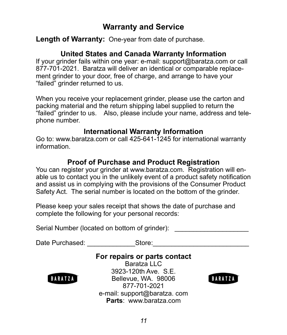 Warranty and service | Baratza Maestro User Manual | Page 13 / 15