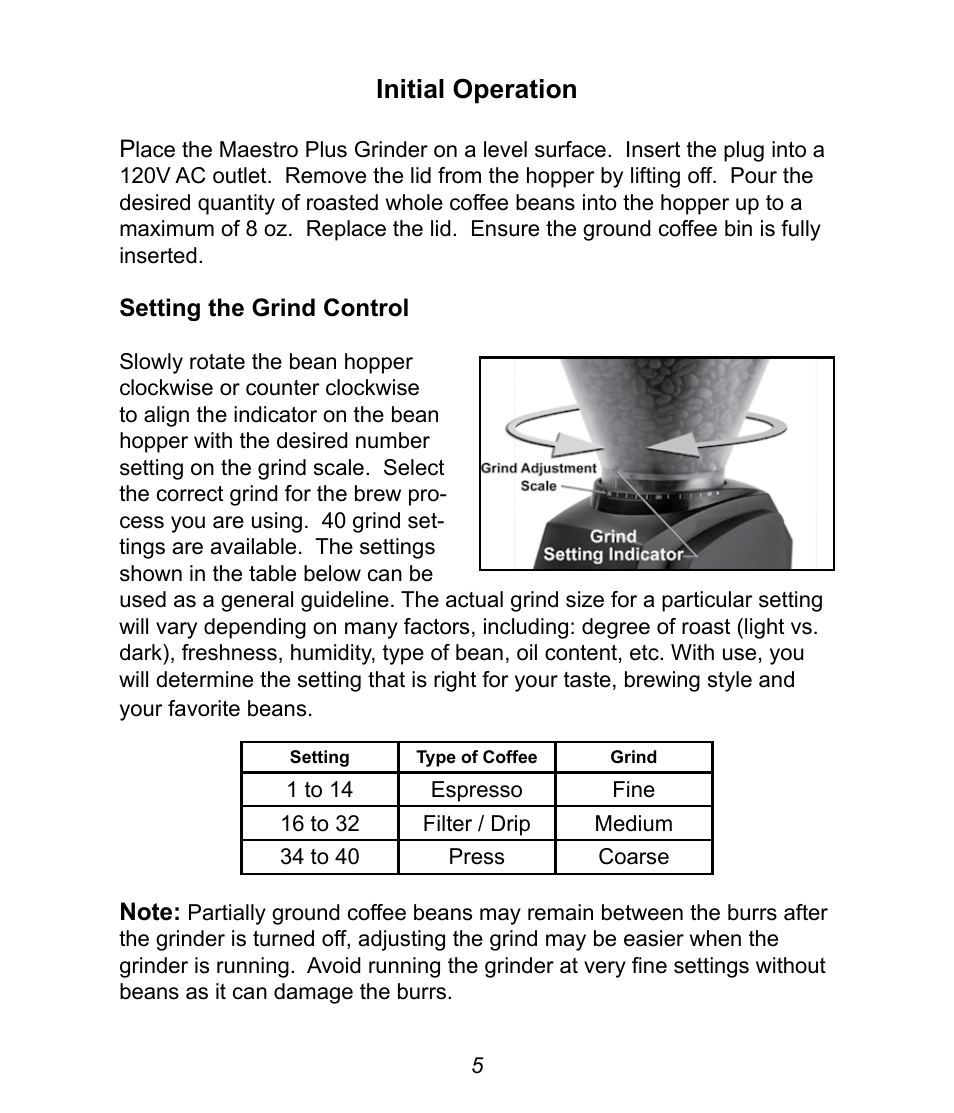 Initial operation | Baratza Maestro Plus User Manual | Page 7 / 15