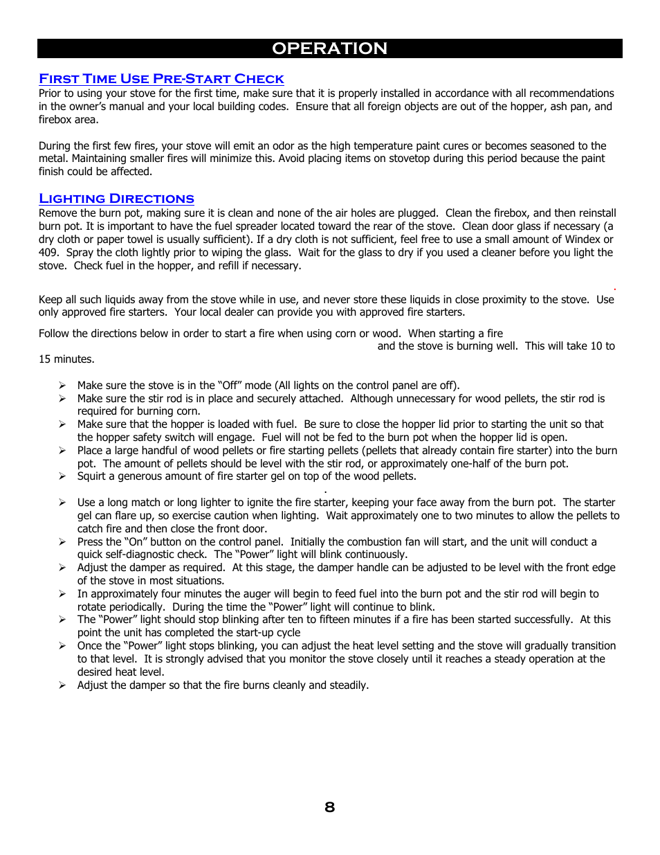 Operation, First time use pre-start check, Lighting directions | Breckwell SP 6000 User Manual | Page 12 / 29