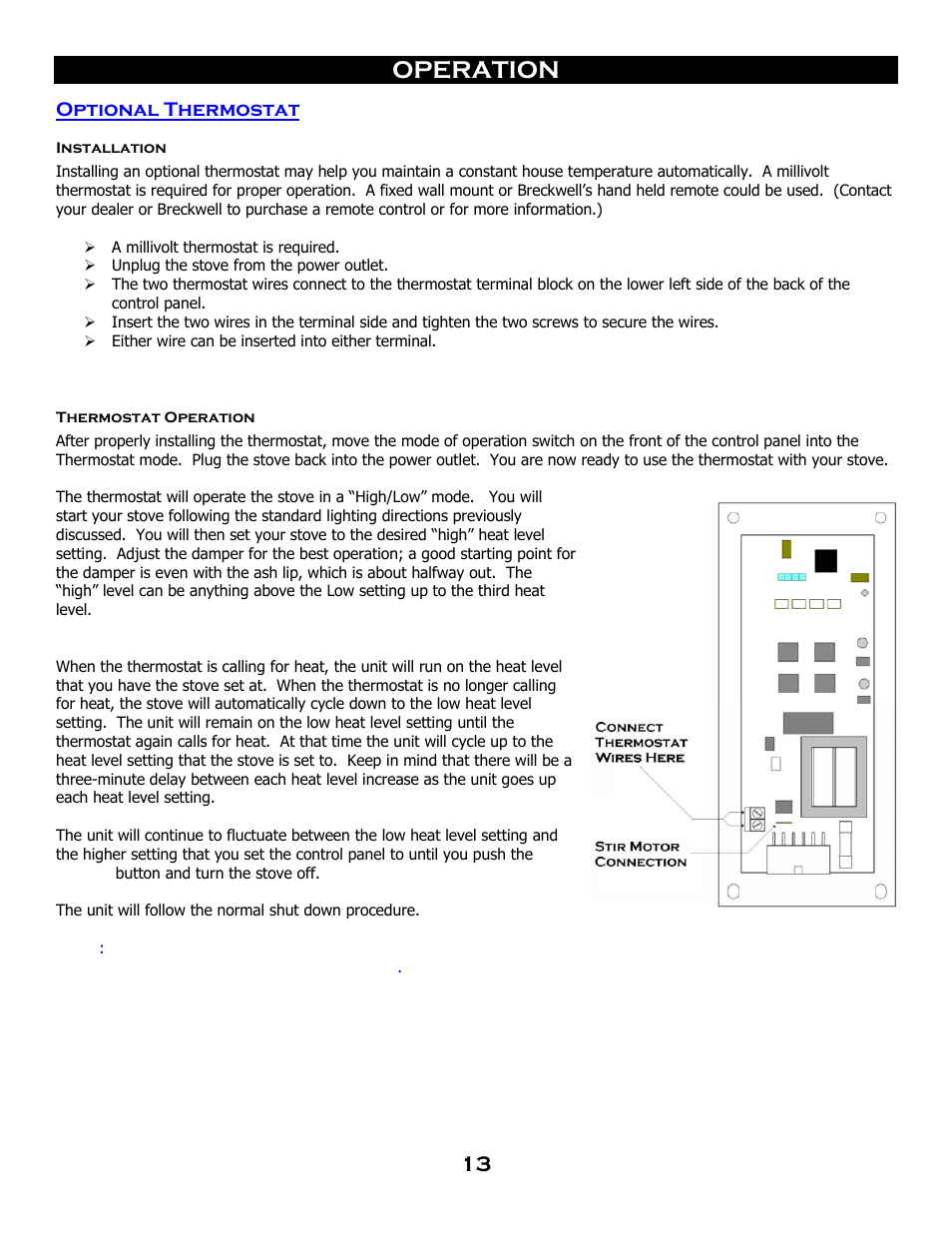 Operation, Optional thermostat | Breckwell SP 6000 User Manual | Page 17 / 29