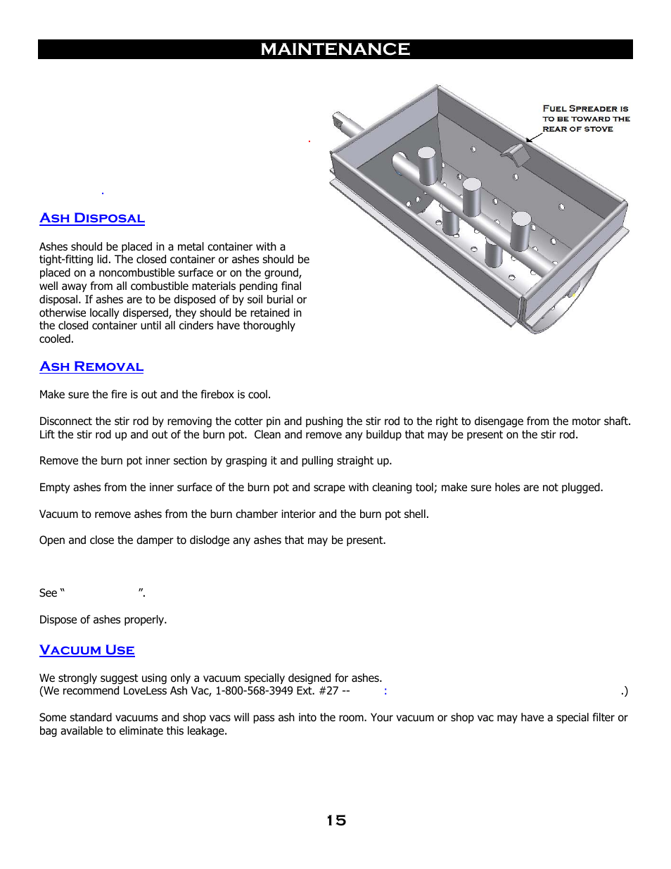 Maintenance, Ash disposal, Ash removal | Vacuum use | Breckwell SP 6000 User Manual | Page 19 / 29
