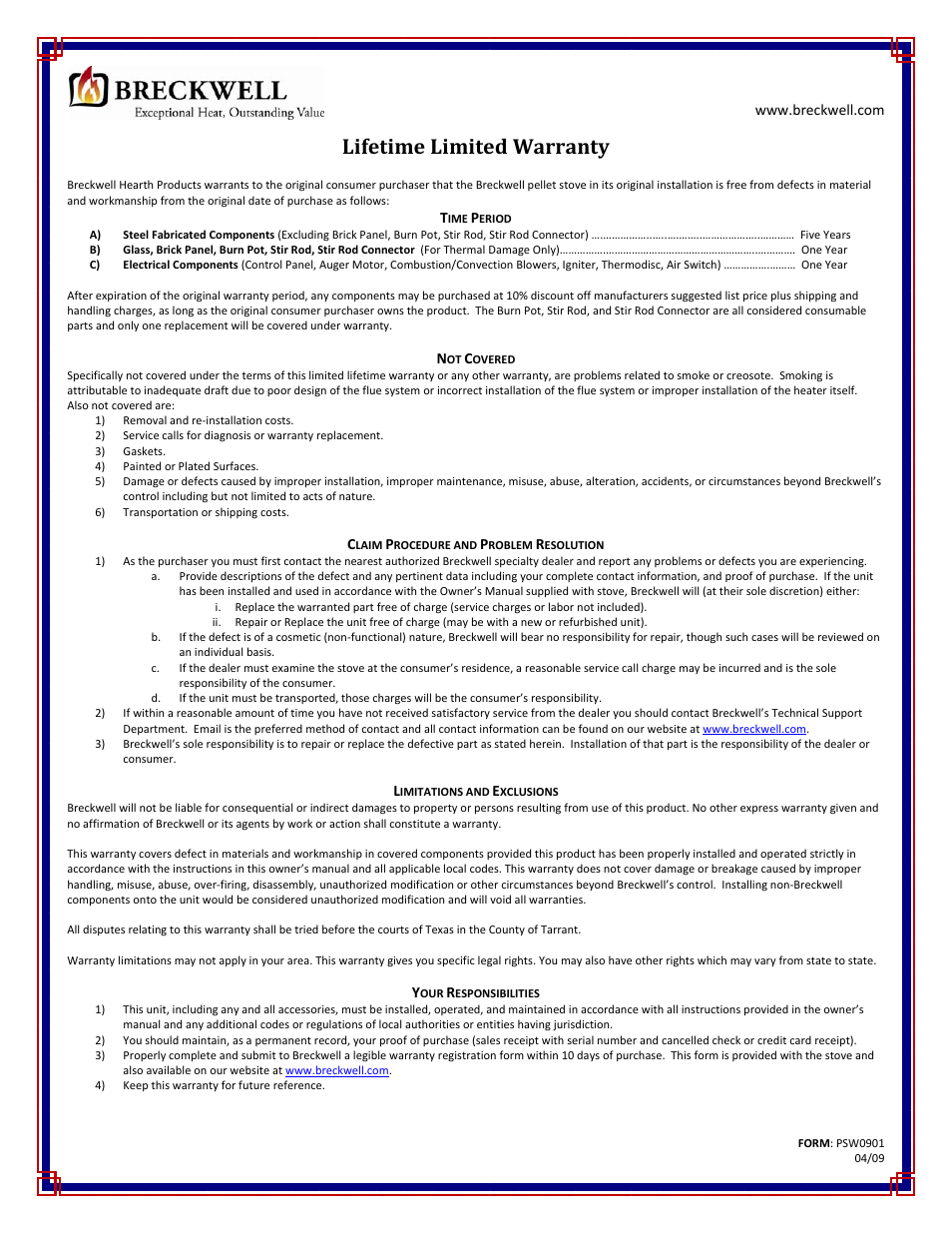 New multi-fuel stove warranty, Lifetime limited warranty | Breckwell SP 6000 User Manual | Page 29 / 29