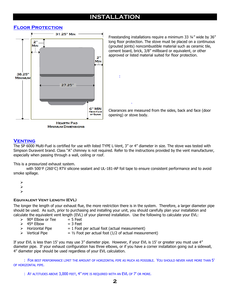 Installation, Floor protection, Venting | Breckwell SP 6000 User Manual | Page 6 / 29