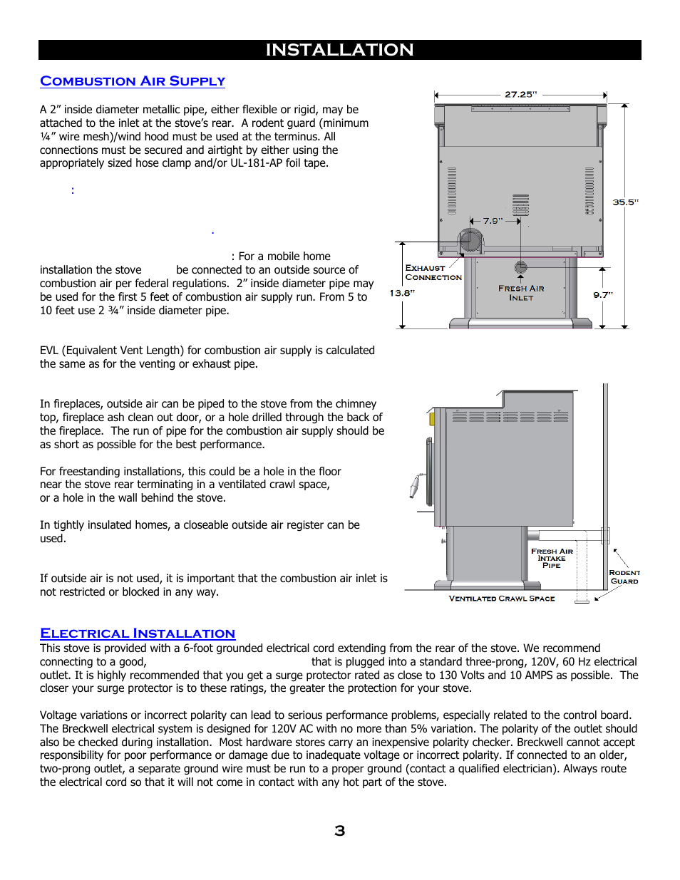 Installation, Combustion air supply, Electrical installation | Breckwell SP 6000 User Manual | Page 7 / 29