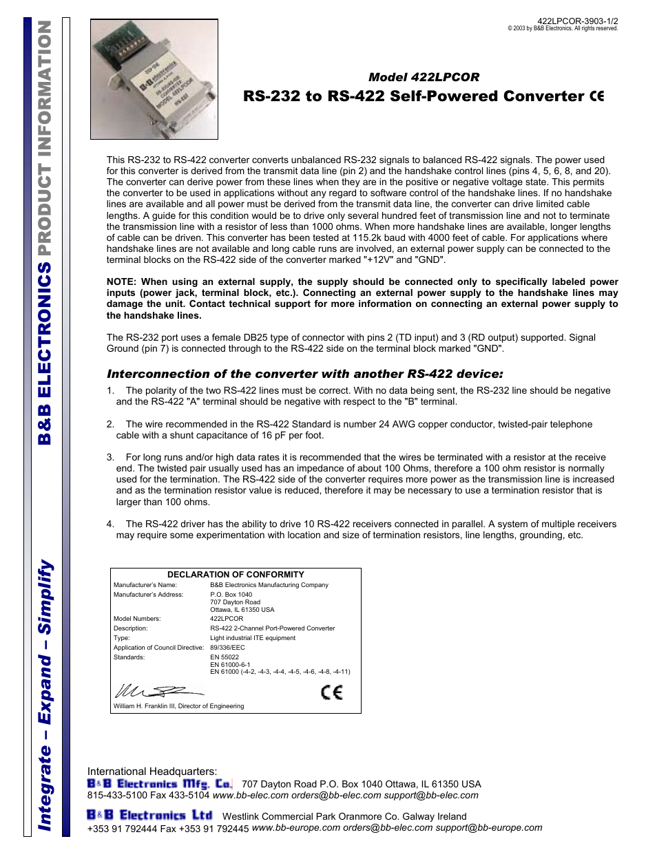 B&B Electronics 422LPCOR User Manual | 2 pages