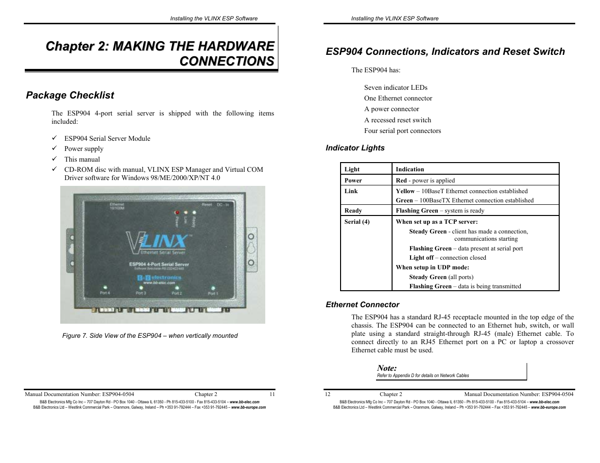 Chapter 2: making hardware connections - 11, Package checklist - 11, Esp904 connections, indicators, reset switch - 12 | B&B Electronics ESP904 User Manual | Page 11 / 39