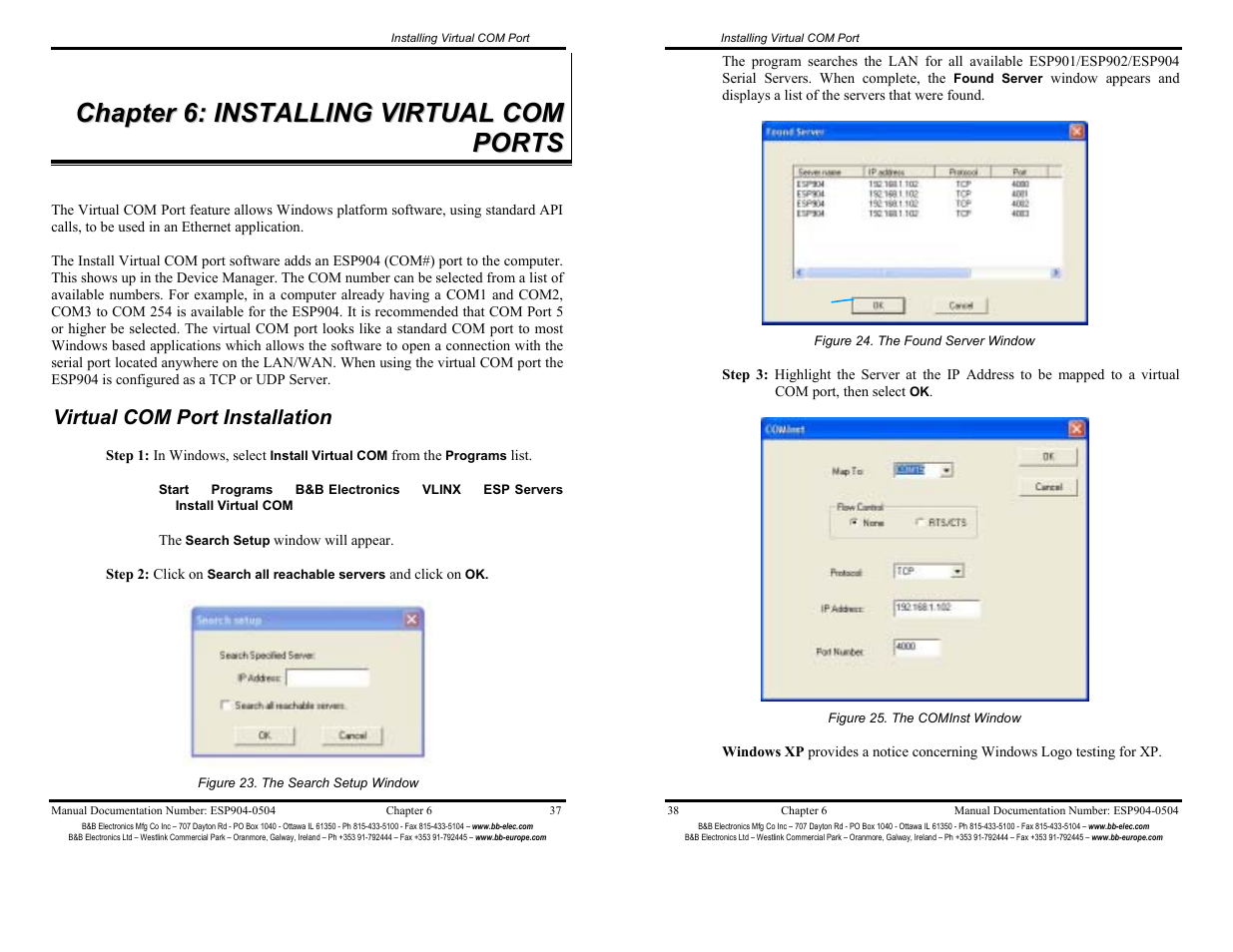 Chapter 6: installing virtual com ports - 37, Virtual com port installation - 37 | B&B Electronics ESP904 User Manual | Page 24 / 39