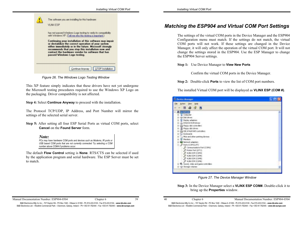 Matching esp904 and virtual com port settings - 37, Matching the esp904 and virtual com port settings | B&B Electronics ESP904 User Manual | Page 25 / 39