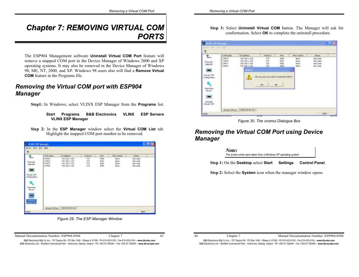 Chapter 7: removing virtual com ports - 43, Removing virtual com port w/esp904 mgr, Removing virtual com port w/device mgr | B&B Electronics ESP904 User Manual | Page 27 / 39
