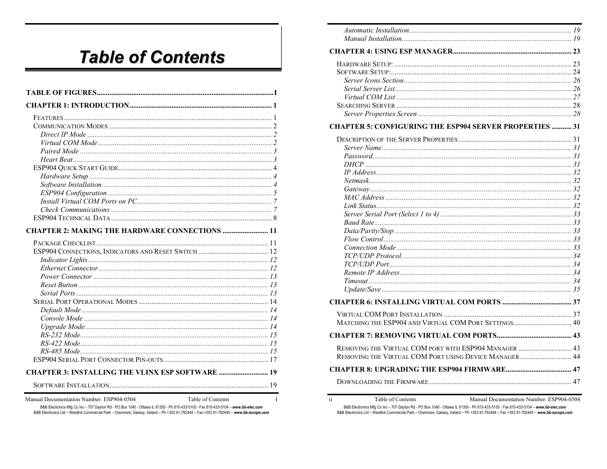 Table of contents - i | B&B Electronics ESP904 User Manual | Page 3 / 39