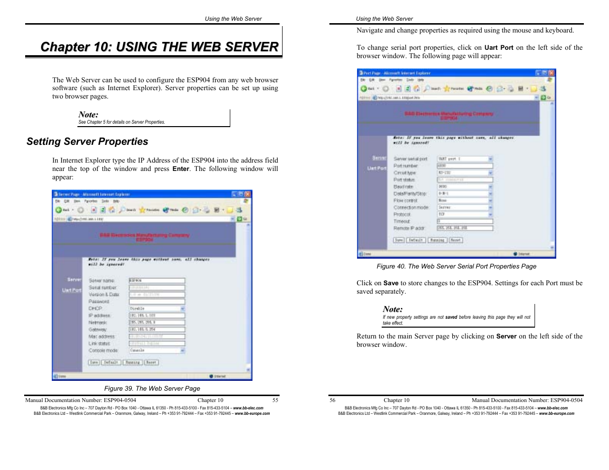 Chapter 10: using the web server - 55, Setting server properties - 55 | B&B Electronics ESP904 User Manual | Page 33 / 39