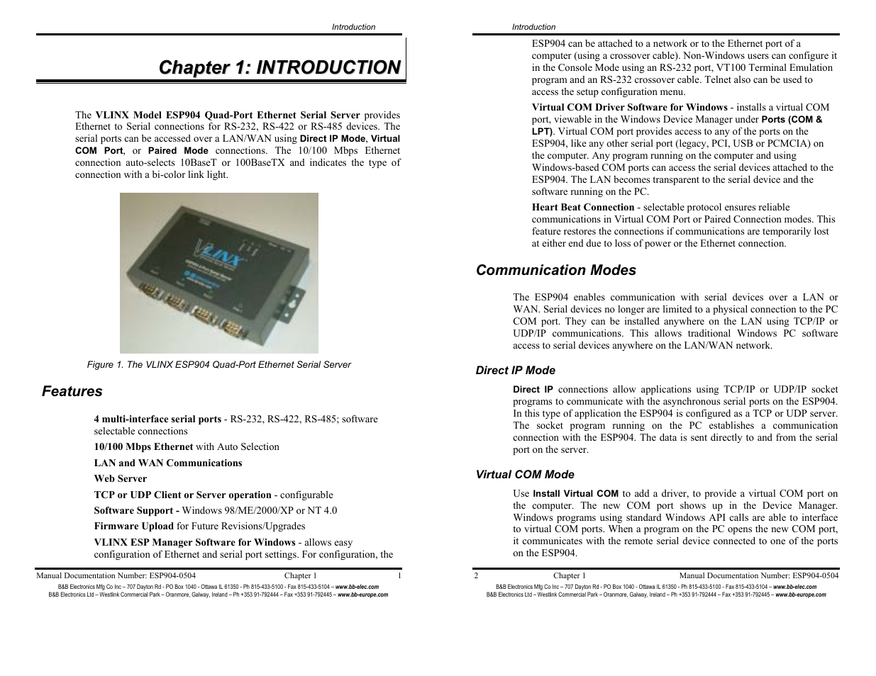 Chapter 1: introduction - 1, Features - 1, Communication modes - 2 | B&B Electronics ESP904 User Manual | Page 6 / 39