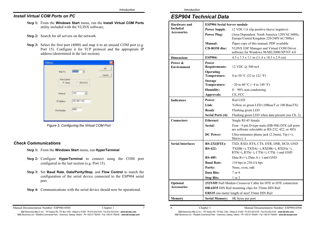 Esp904 technical data - 8, Esp904 technical data | B&B Electronics ESP904 User Manual | Page 9 / 39