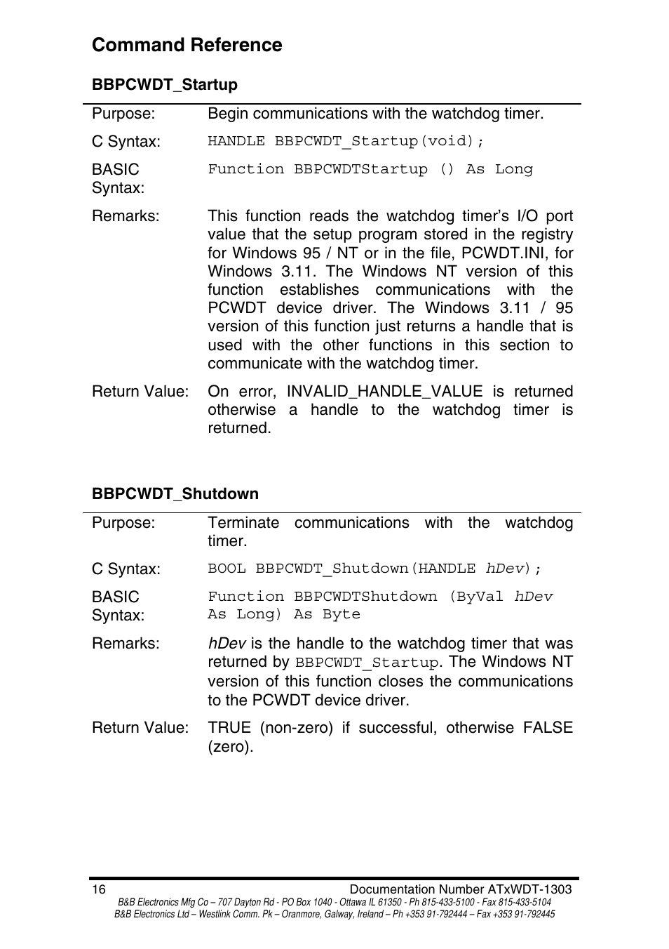 Command reference | B&B Electronics PC Watchdog Timer Card ATRWDT User Manual | Page 17 / 23