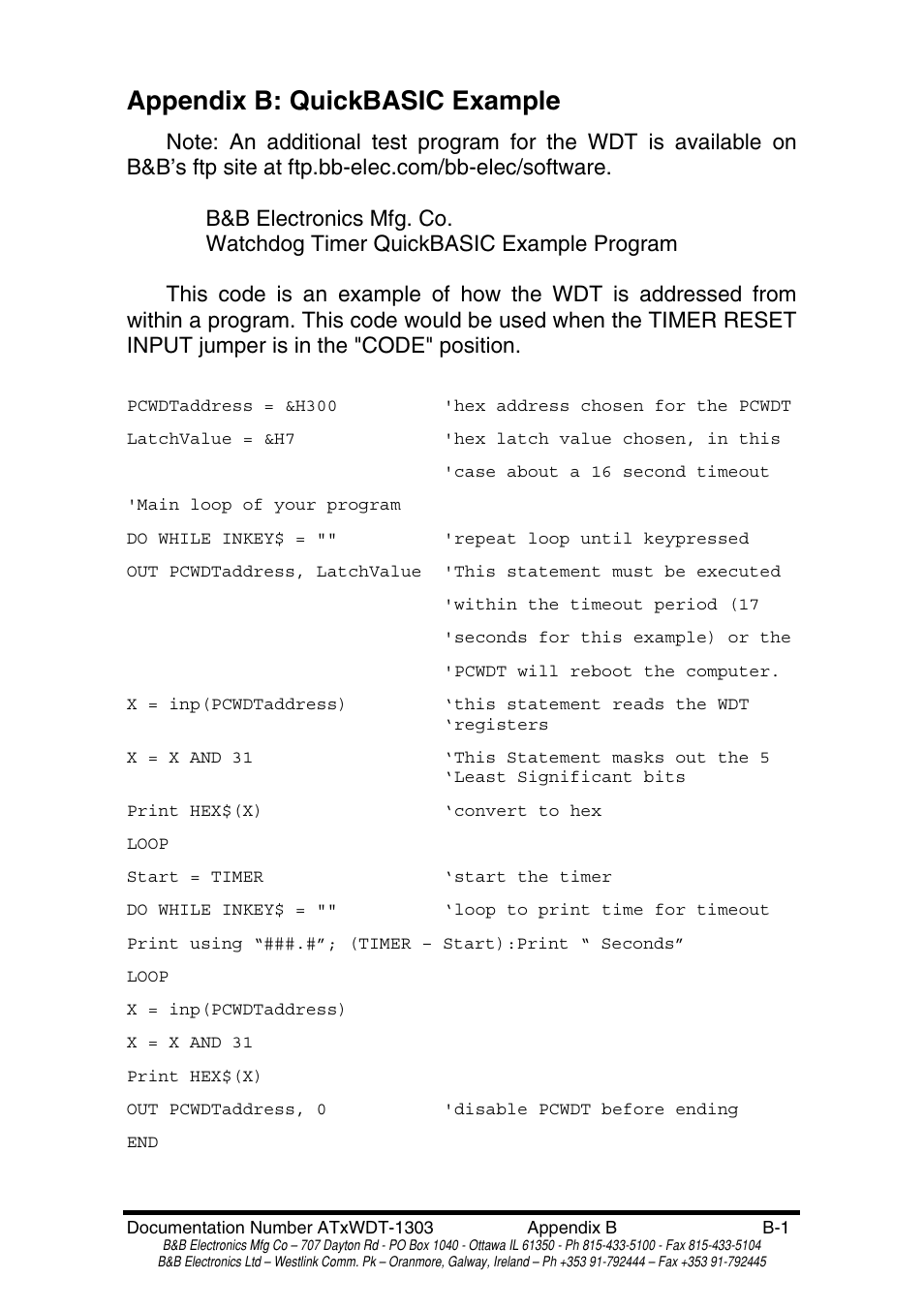 Appendix b: quickbasic example | B&B Electronics PC Watchdog Timer Card ATRWDT User Manual | Page 22 / 23
