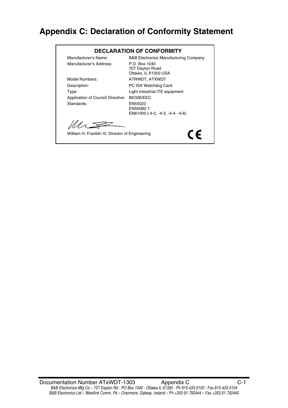 Appendix c: declaration of conformity statement | B&B Electronics PC Watchdog Timer Card ATRWDT User Manual | Page 23 / 23