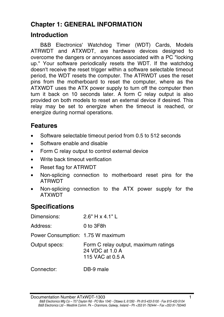 Chapter 1: general information introduction, Features, Specifications | B&B Electronics PC Watchdog Timer Card ATRWDT User Manual | Page 3 / 23