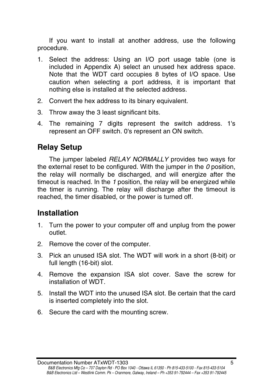 Relay setup, Installation | B&B Electronics PC Watchdog Timer Card ATRWDT User Manual | Page 7 / 23