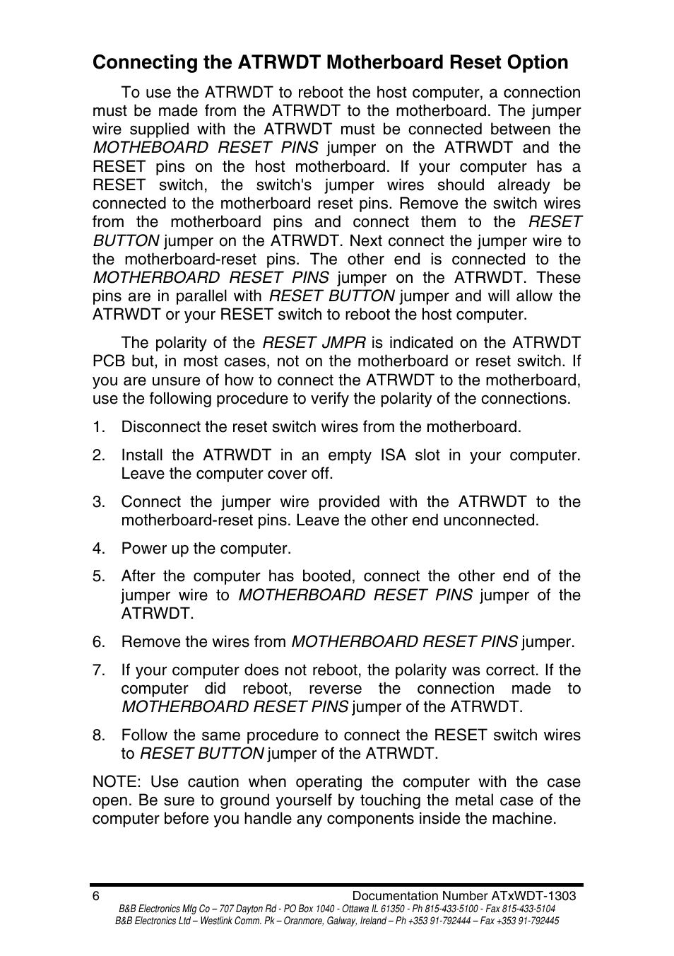 Connecting the atrwdt motherboard reset option | B&B Electronics PC Watchdog Timer Card ATRWDT User Manual | Page 8 / 23