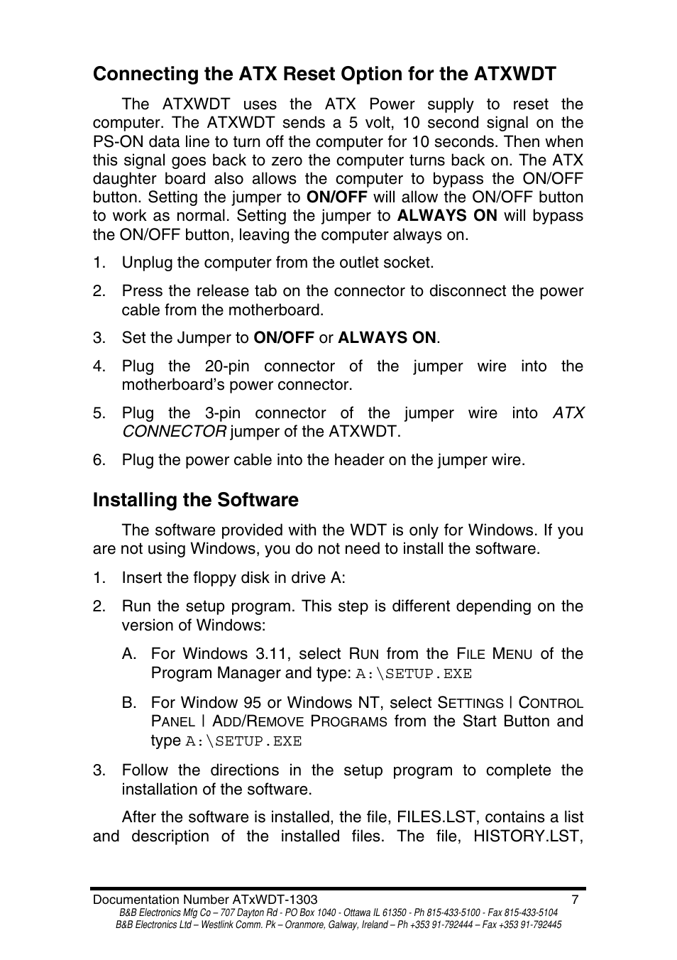 Connecting the atx reset option for the atxwdt, Installing the software | B&B Electronics PC Watchdog Timer Card ATRWDT User Manual | Page 9 / 23