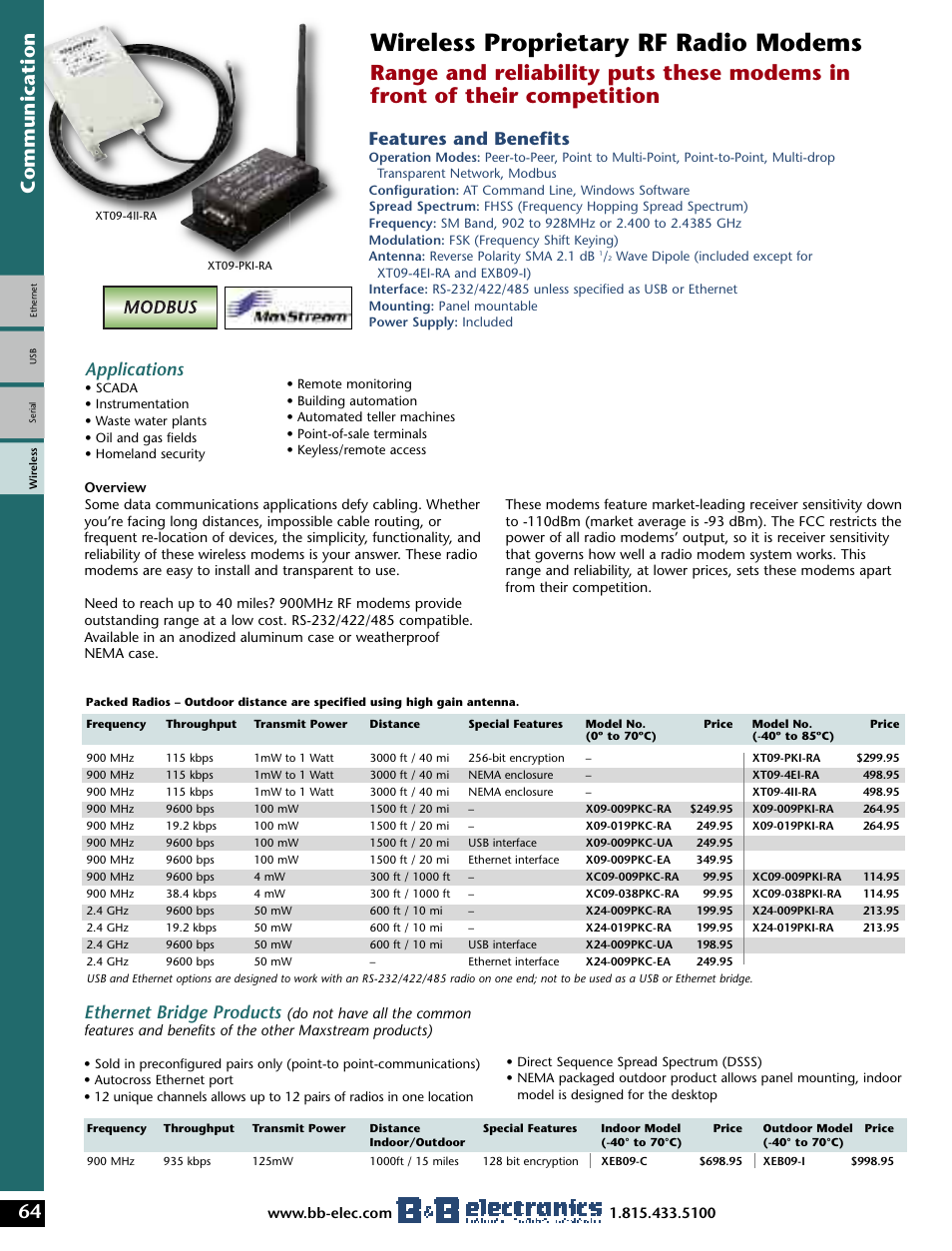 Wireless proprietary rf radio modems, Applications, Features and benefits | Ethernet bridge products | B&B Electronics Modem User Manual | Page 3 / 10