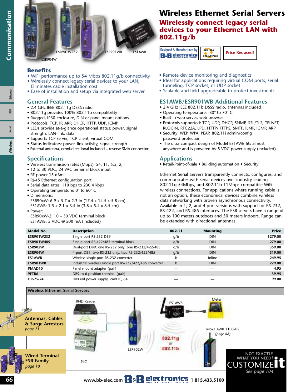 Customize, Wireless ethernet serial servers, Specifications | Benefits, General features, Es1awb/esr901wb additional features, Applications | B&B Electronics Modem User Manual | Page 5 / 10