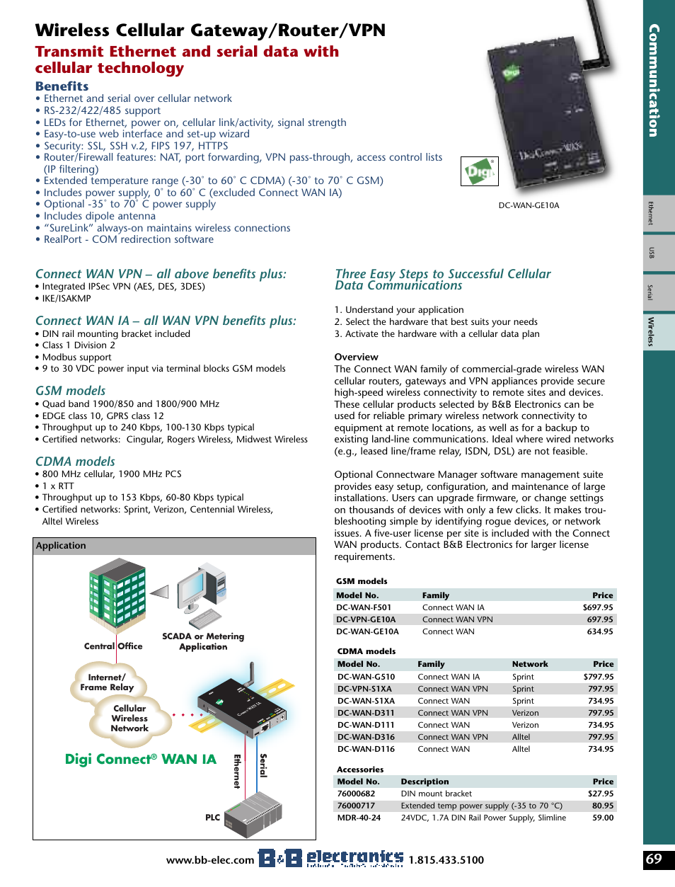 Wireless cellular gateway/router/vpn, Connect wan vpn – all above benefits plus, Connect wan ia – all wan vpn benefits plus | Gsm models, Cdma models, Benefits, Digi connect, Wan ia | B&B Electronics Modem User Manual | Page 8 / 10