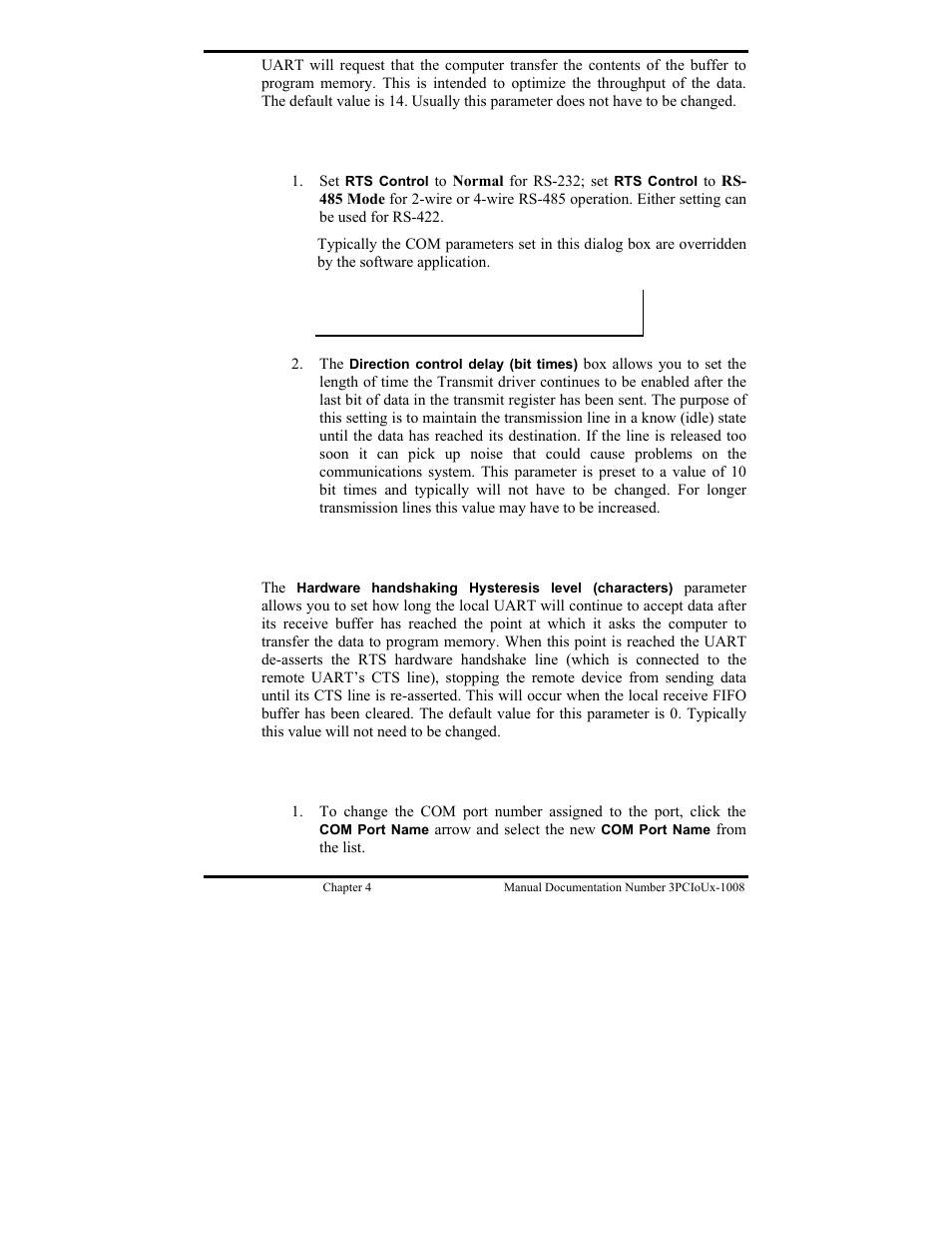 Setting the rts control parameter, Setting the hardware handshaking level, Changing the com port name/number | B&B Electronics 3PCIU4 User Manual | Page 48 / 92